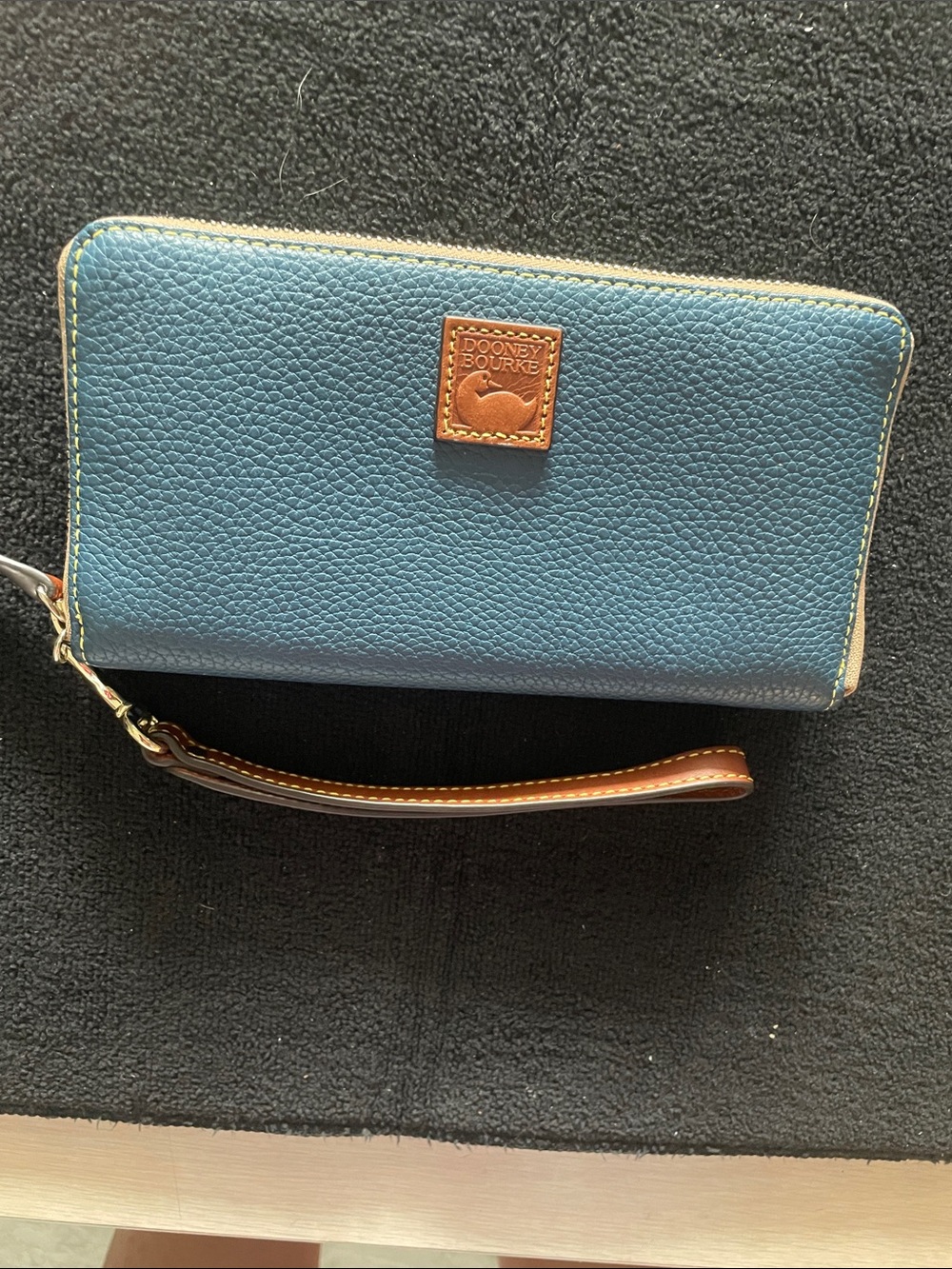 Dooney & Bourke Teal Pebbled Leather Wristlet with Brown Trim
